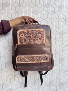 Western Pattern Genuine Leather Hand Tooled Carving Stylish Backpack School Bags Unisex Beautiful Designer Bag Multi Use Bag - Product Image 3