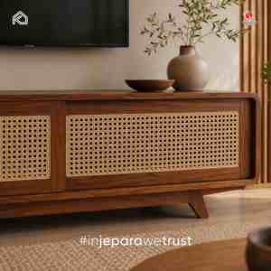 Meuble TV en bois de mahogany massif de style Japandi, console de divertissement moderne pour salon contemporain - Product Image 1
