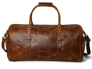 Men Casual Luxury Sport Distressed Brown Genuine Leather Duffle <b>Bag</b> Large <b>Overnight</b> Weekend Travel Satchel Zipper Polyester - Product Image 6