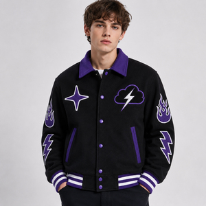Blouson universitaire personnalisé en laine écologique avec détails brodés, patchs flamme classiques pour homme, coupe-vent respirant pour l'automne - Product Image 3