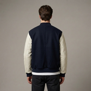 Men's Navy Blue Wool <b>Jacket</b> Cream Sleeves Custom Logo Rib Knit Collar Cuffs Snap Front Premium Streetwear Bomber Outerwear Style - Product Image 2