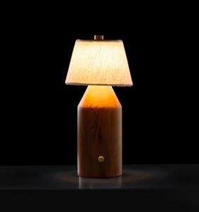 Midcentury Wood Table Lamp With Beige Linen Cone Shade Warm White LED <b>Light</b> Switch Control For Living Room Decor - Product Image 3