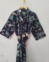 Robe kimono élégante à col en V en coton tricoté 100% écologique, imprimé motif jungle, bleu marine, longueur midi