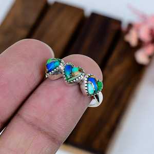 Handmade Triple Heart <b>Ring</b> Ice Green Turquoise Sterling <b>Silver</b> Boho <b>Statement</b> Jewelry Gift for Her - Product Image 4
