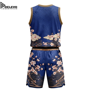 Conjunto de Camiseta y Pantalones Cortos de Baloncesto con Estampado de Flores de Cerezo y Olas, Personalizado OEM, Uniforme Deportivo Sublimado en Azul y Dorado - Product Image 2
