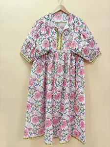 Bohemian White Pink Floral Block Print Cotton Midi <b>Dress</b> Vintage Puff Sleeve <b>Loose</b> Fit Tie Neck Summer <b>Dress</b> For Women - Product Image 2