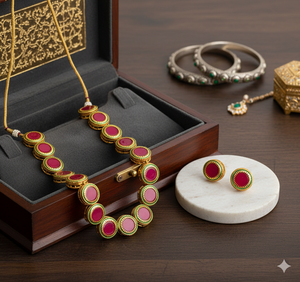 Ensemble de bijoux tendance en cuivre plaqué argent avec zircon, collier et boucles d'oreilles géométriques Kundan, perles, pour femmes et filles - Product Image 1