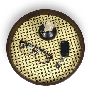 Round Decorative Tray with Handles Marbling Plastic Vanity Tray Basket Weave Modern for Ottoman <b>Coffee</b> <b>Table</b> - Product Image 5