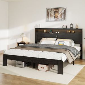 Letto Matrimoniale King Size con Struttura in Legno, Testiera Illuminata a LED e 2 Porte USB, Silenzioso, Senza Necessità di Rete a Doghe, con Vano Contenitore Integrato - Product Image 3