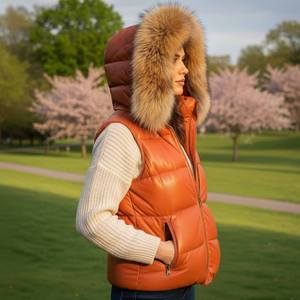 Chaleco Acolchado de Cuero Genuino para Mujer con Capucha y Cierre Frontal, Ropa Exterior Cortavientos y Transpirable - Product Image 2