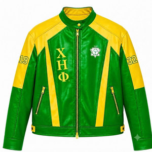 เสื้อแจ็คเก็ตหนัง PU ของชมรมนักศึกษา Chi Eta Phi สีเขียวและเหลือง พิมพ์ตัวอักษร 1932 แขนยาว ซิปแบบเต็มตัว สไตล์ลำลองสำหรับผู้หญิง - Product Image 1