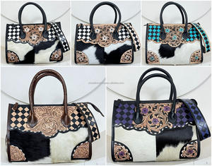 Sac à main en cuir à bandoulière Western à carreaux violets et noirs, fait à la main, pour femmes, en cuir de vache à poils, sacs à main de luxe de créateur - Product Image 6