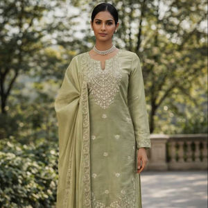 Conjunto de Traje de Seda JMC con Bordado de Diseño Premium, con Palazzo y Dupatta para Mujer - Product Image 1