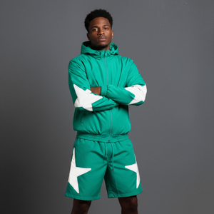 Custom Logo <b>Top</b> Trending Men Green Hooded Tracksuit Set Full Sleeve <b>Zipper</b> Sportswear Breathable Streetwear Shorts Summer Wear - Product Image 3