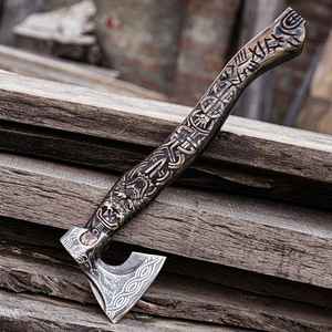 Hache de combat viking artisanale en acier au carbone avec fourreau en cuir gravé, idéale pour le camping, idée cadeau DIY pour lui, manche en bois sculpté à la main - Product Image 5