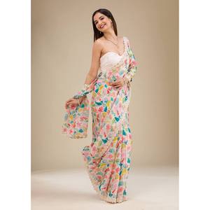 Sari de Diseño Hecho a Mano para Fiestas, con Estampado Floral, Bordado y Lentejuelas, Silueta Recta, Cintura Natural, Hecho de Organza - Product Image 2