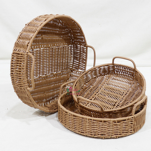 Handmade Rustic Eco Friendly Rattan Wicker Round Serving <b>Basket</b> <b>Tray</b> Set Nesting Handles - Product Image 5