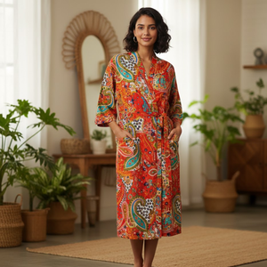 Kimono Bohemio de Algodón con Estampado Floral Naranja |   Bata de dormir de manga larga con cuello en V para mujer |   Ropa de estar por casa de alta calidad, sostenible y de diseño excepcional - Product Image 3