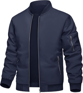 Mens Spring Woven <b>Stand</b> Collar Bomber Jacket Windproof Long Sleeve Casual Zipper Closure 2026 Style Men Bomber Jacket - Product Image 2