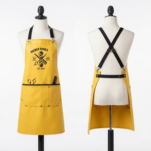 Premium 420 GSM PU Leather <b>Men</b> Barber <b>Apron</b> Yellow Black Multi Panel Utility Pocket Custom Screen Print Embroidery Logo - Product Image 1
