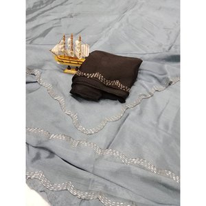 ผ้าไหมไชน็อนดีไซน์เนอร์งานตัดเย็บด้วยมือ Saree กับเสื้อ unstitched สีเทา - Product Image 1