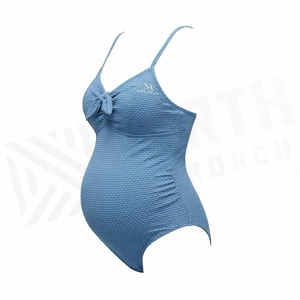 Traje de baño de una pieza para mujer, azul liso, texturizado, elástico, tipo bandeau con detalle de nudo fruncido en la parte delantera - Product Image 3