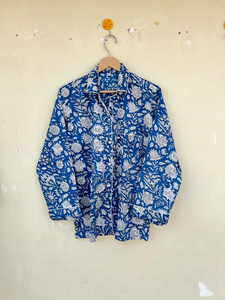 Ensemble de pyjama floral tournesol bleu pour femmes nouveau costume de nuit en mousseline de soie de style indien en coton sauge pour l'été et le printemps - Product Image 2