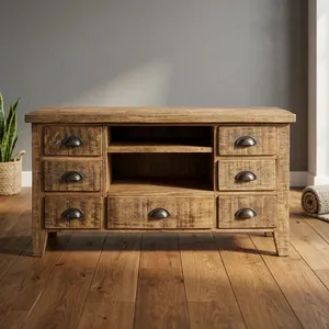 Meuble TV rustique en bois avec tiroirs et étagères ouvertes pour le rangement du salon, mobilier de maison - Product Image 5