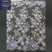 Tissu en dentelle de tulle brodé de perles et de sequins floraux 3D noir et violet de luxe pour Abaya, Kaftan, robe de soirée