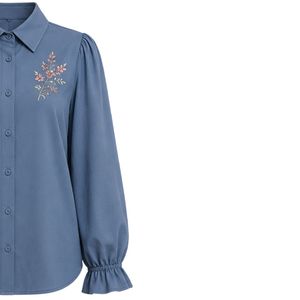 Ensemble chemisier et jupe longue brodés pour femme, bleu acier et pêche, manches longues, boutonnage, taille haute, tenue modeste deux pièces OEM - Product Image 3