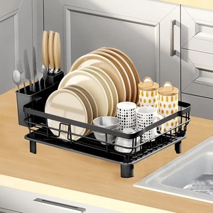 Excellent Quality Single Tier Metal Dish Drying Rack with <b>Utensil</b> Holder Kitchen Plate Bowl Cup Drainer Black Metal <b>Organizer</b> - Product Image 1