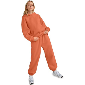 Conjunto Deportivo Casual de 2 Piezas para Mujer, Sudadera con Capucha Naranja y Pantalones Jogger, Top Corto de Felpa, Spandex, Corte Holgado, Color Sólido - Product Image 5