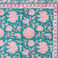 Nappe Moderne Indienne Imprimée à la Main au Bloc, en Coton Rose Floral Bleu Ciel Givré, Personnalisable, Écologique et Réutilisable, Collection 2026