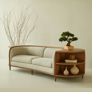 Artisanal Hand-Crafted Low Back Curved Settee with Functional Built-in Display <b>Shelves</b> and Premium Minimalist Aesthetic - Product Image 1