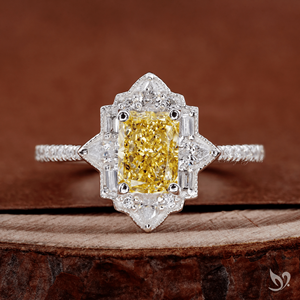 Anillo de compromiso vintage con diamante amarillo halo de 1.01 ct, corte radiante, certificado IGI, en oro de 10K - Product Image 1