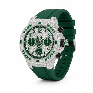 Luxury Men's Stainless Steel <b>Watch</b> With Green Gemstones Analog Quartz Chronograph Silicone Band Round <b>Case</b> - Product Image 5