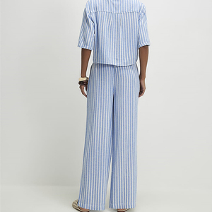 100% Cotton Made Stripes Design Fabric Made Women's Lounge Sets Quick Dry Summer Clothing 2 Piece Button Shirt & Trousers - Product Image 4