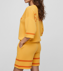Nouvel ensemble deux pièces tricoté jaune pour femme 2026 – Haut à col en V et manches courtes & short imprimé palmiers – Coupe décontractée pour printemps-été - Product Image 5