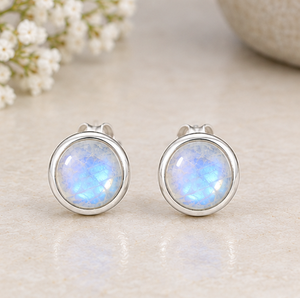 Rainbow Moonstone <b>Silver</b> <b>Stud</b> <b>Earrings</b>, Natural Rainbow Moonstone <b>Earrings</b>, 925 Sterling <b>Silver</b> Round <b>Studs</b>, Blue Flash Gemstone - Product Image 4