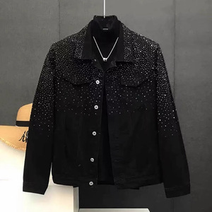 Heavyweight Slim Fit <b>Denim</b> Jacket Medium Wash Rhinestone Embellished Luxury Streetwear Jean <b>Coat</b> for Men - Product Image 1