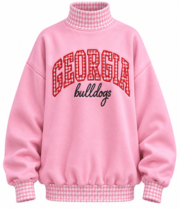 Sweat-shirt surdimensionné personnalisé pour femme, col montant, broderie de lettres à carreaux, en molleton de coton, pull décontracté, vente en gros - Product Image 1