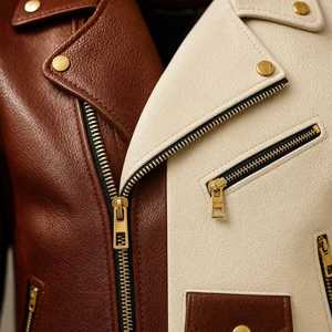 <b>Men's</b> <b>Brown</b> And Cream Color Block <b>Leather</b> Motorcycle <b>Jacket</b> With Zipper Closure And Belt - Product Image 4