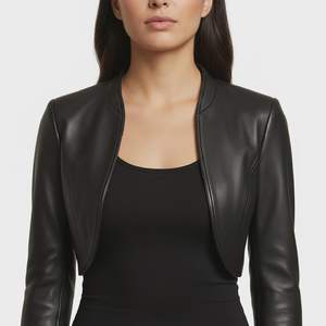 เสื้อแจ็คเก็ตหนังสีดำแบบครอปทำมือสำหรับผู้หญิง - เสื้อแจ็คเก็ตหนังสีดำแบบครอปสำหรับผู้หญิง - Product Image 4