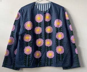 Chaqueta Bomber Azul Suzani de Terciopelo, Tejida, Acolchada, Transpirable, Hecha a Mano, Bordada con Letras, Estilo Bohemio, Étnica, para Festivales, Lana/Nailon - Product Image 1