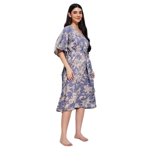 Robe kaftan pour femmes, imprimée, en coton, col en V, longueur genoux, robe de nuit - Product Image 1