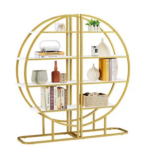 Libreria Aperta a 4 Ripiani per Casa e Ufficio, Forma Rotonda con Posizionamento Versatile, Pannello in MDF Resistente, Struttura in Metallo Dorato con Finitura Bianca - Product Image 3