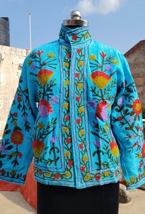 Indian Handmade Suzani Hand Embroidered Summer Short Jacket Mandarin Collar Wildlife Floral Pattern Women Festival Special Gift - Product Image 5