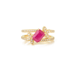 14K White Gold Floral Ruby Diamond Cluster Wedding Band Ring - Product Image 2