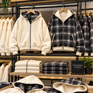 Veste à capuche réversible noire et crème à carreaux, zippée, coupe oversize, streetwear d'hiver, vente en gros personnalisée - Product Image 3
