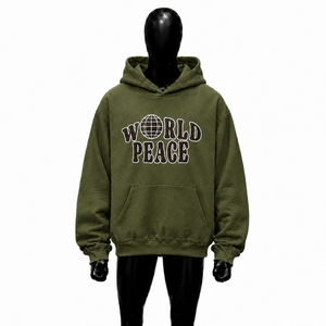 เสื้อฮู้ด World Peace Olive ทรงโอเวอร์ไซส์ สตรีทแวร์ ลายกราฟิก เสื้อพูลโอเวอร์แบบสวม Unisex สไตล์ลำลอง ผ้าฟลีซ มีฮู้ด ลายพิมพ์โลกสไตล์วินเทจ แนว Urban - Product Image 1